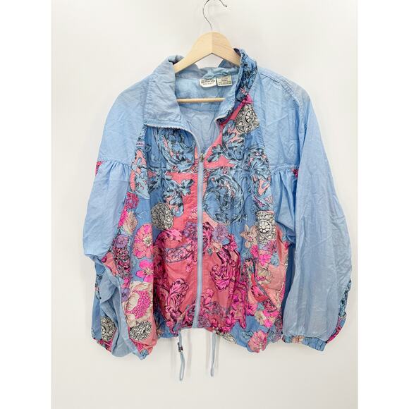 Athletic Works Jacket Women LARGE Blue Pink VTG Printed Full Zip Windbreaker - Picture 1 of 7